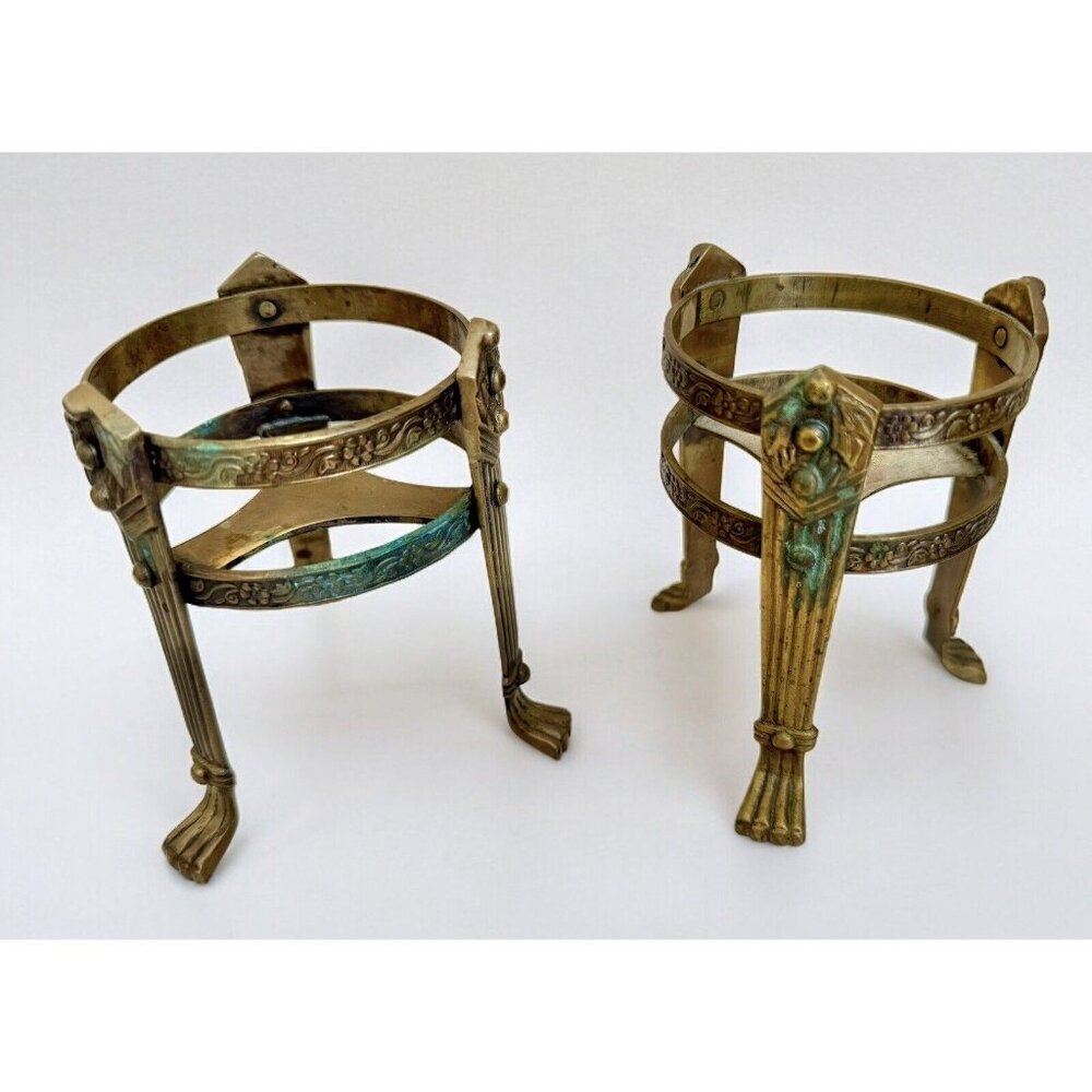 2 Vintage Stand Display Brass Footed Holder Vase Plant Pot Orb Bowl Small Decor